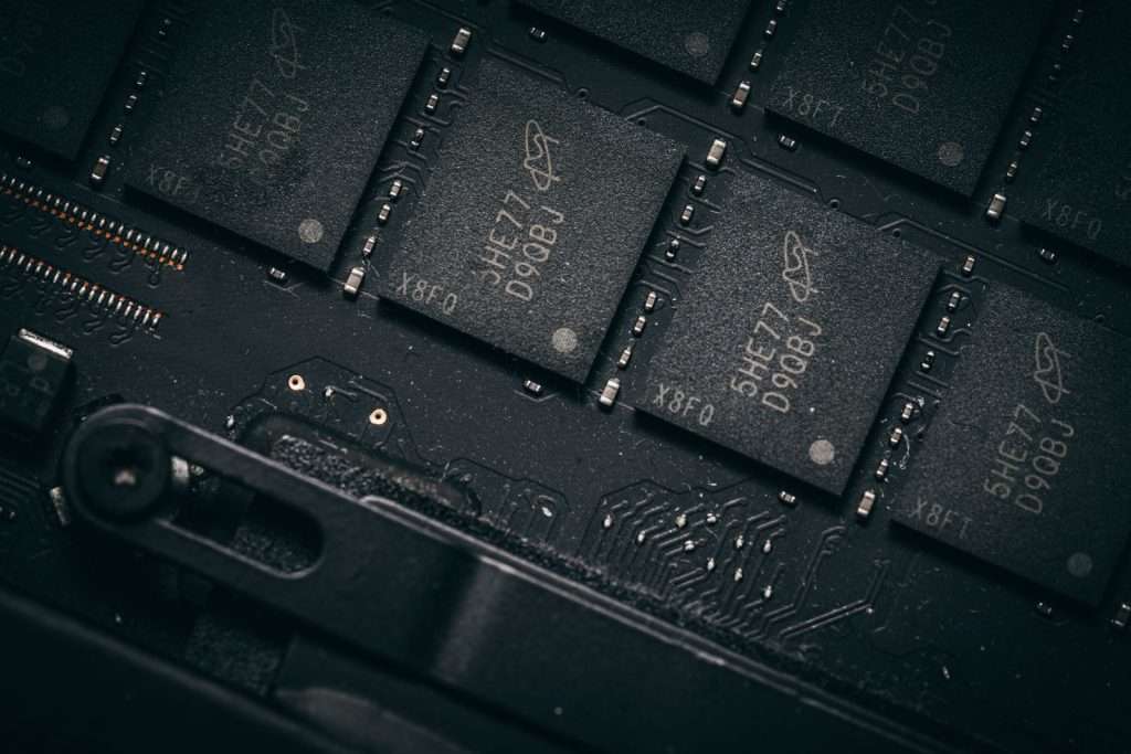 Close-up of microchips on a circuit board